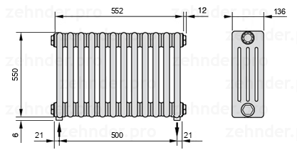 Схема (чертеж) Радиатор Zehnder Charleston 4055/12 №5310 Белый глянцевый RAL 9016